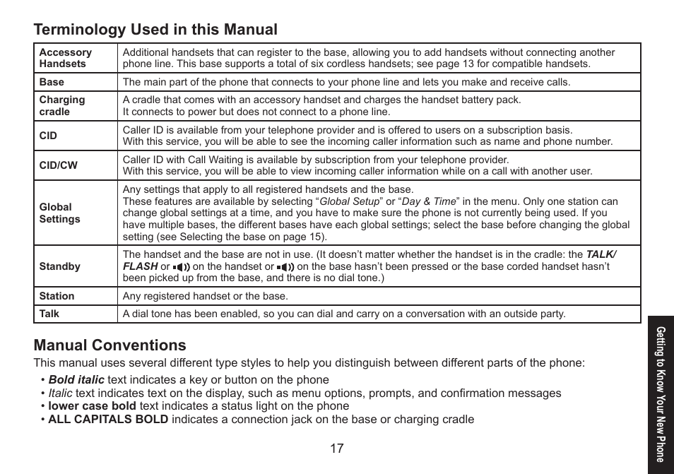 Terminology used in this manual, Manual conventions, Terminology.used.in.this.manual manual.conventions | Uniden DECT1588 User Manual | Page 17 / 72
