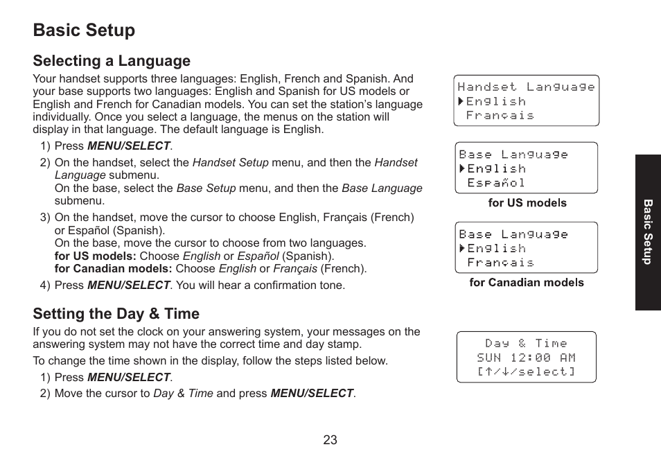 Basic setup, Selecting a language, Setting the day & time | Selecting.a.language setting.the.day.&.time | Uniden DECT1588 User Manual | Page 23 / 72