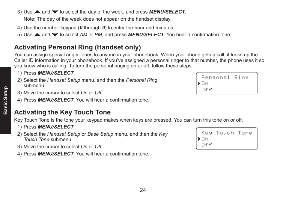 Activating personal ring (handset only), Activating the key touch tone | Uniden DECT1588 User Manual | Page 24 / 72