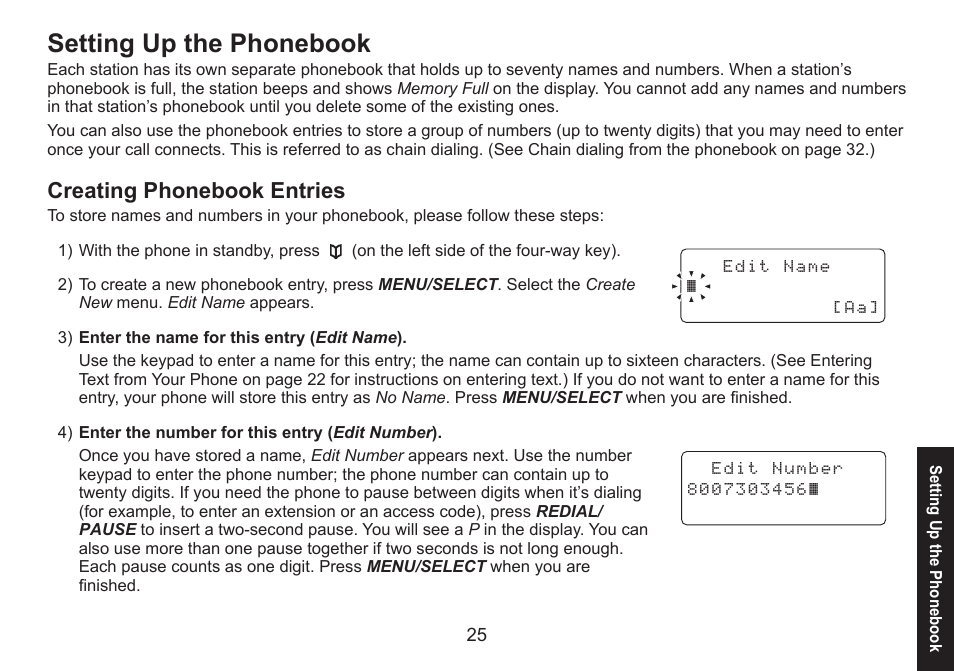Setting up the phonebook, Creating phonebook entries, Creating.phonebook.entries | Uniden DECT1588 User Manual | Page 25 / 72