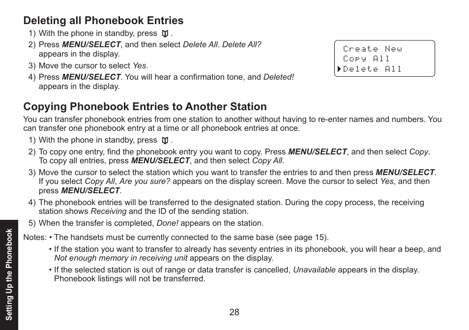 Deleting all phonebook entries, Copying phonebook entries to another station | Uniden DECT1588 User Manual | Page 28 / 72