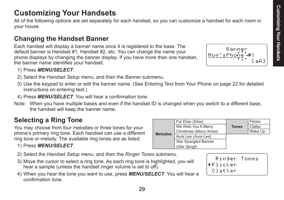 Customizing your handsets, Changing the handset banner, Selecting a ring tone | Changing.the.handset.banner selecting.a.ring.tone | Uniden DECT1588 User Manual | Page 29 / 72