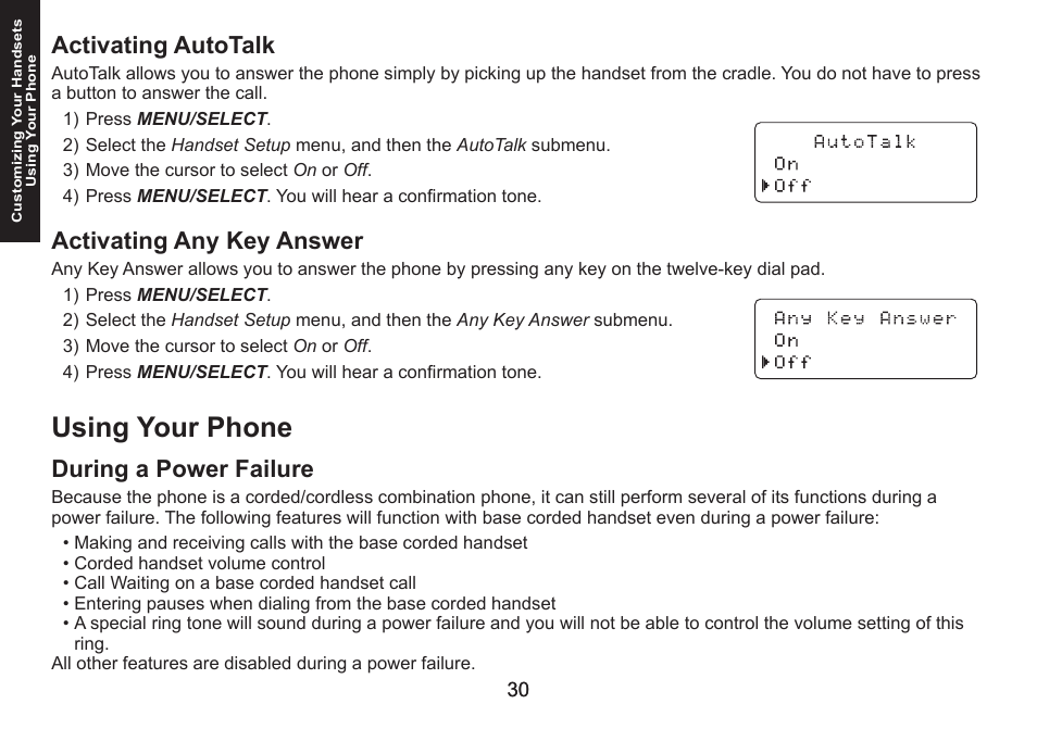 Activating autotalk, Activating any key answer, Using your phone | During a power failure, Activating.autotalk activating.any.key.answer, During.a.power.failure | Uniden DECT1588 User Manual | Page 30 / 72