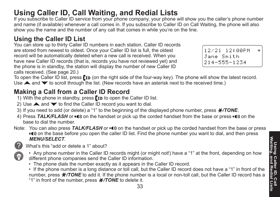 Using caller id, call waiting, and redial lists, Using the caller id list, Making a call from a caller id record | Uniden DECT1588 User Manual | Page 33 / 72