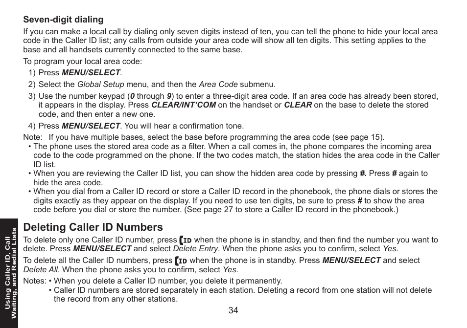 Seven-digit dialing, Deleting caller id numbers, Seven-digit.dialing | Deleting.caller.id.numbers | Uniden DECT1588 User Manual | Page 34 / 72