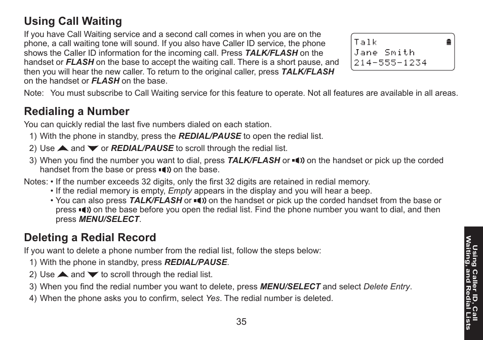 Using call waiting, Redialing a number, Deleting a redial record | Uniden DECT1588 User Manual | Page 35 / 72