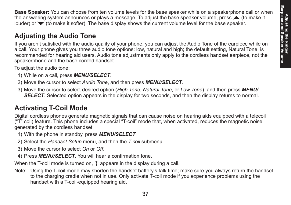 Adjusting the audio tone, Activating t-coil mode, Adjusting.the.audio.tone activating.t-coil.mode | Uniden DECT1588 User Manual | Page 37 / 72