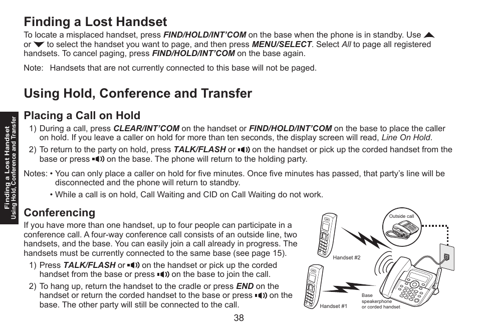 Finding a lost handset, Using hold, conference and transfer, Placing a call on hold | Conferencing, Placing.a.call.on.hold conferencing | Uniden DECT1588 User Manual | Page 38 / 72