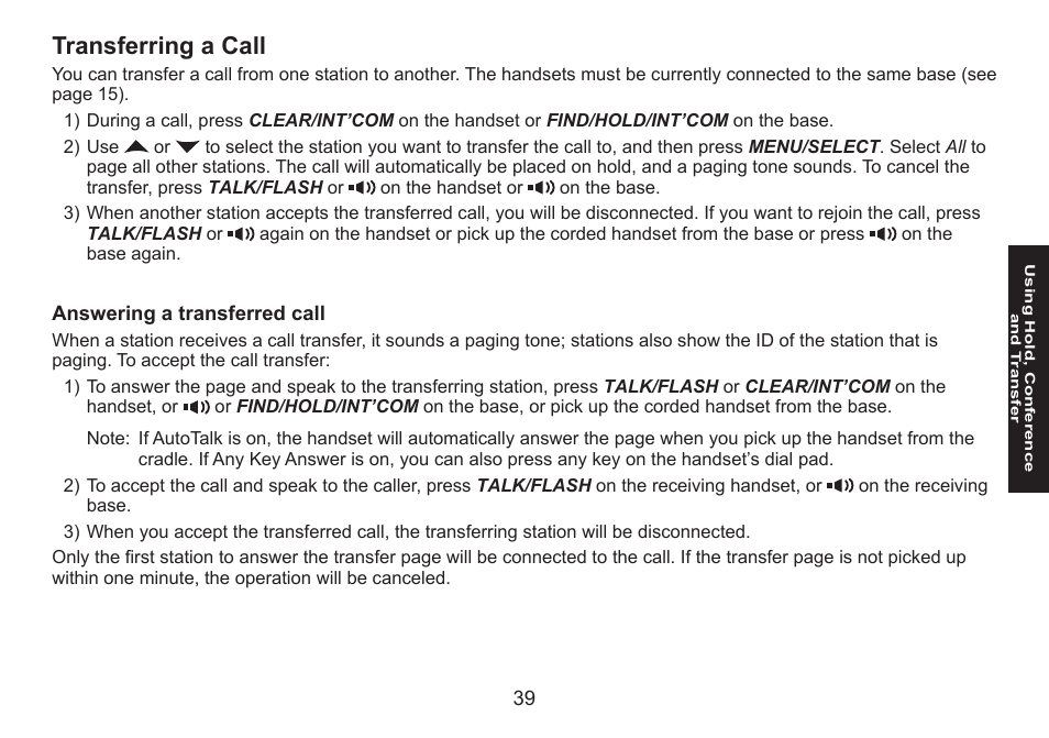Transferring a call, Answering a transferred call, Transferring.a.call | Answering.a.transferred.call | Uniden DECT1588 User Manual | Page 39 / 72