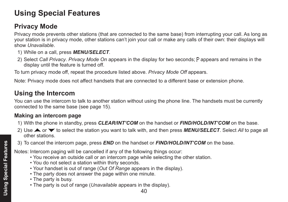 Using special features, Privacy mode, Using the intercom | Privacy.mode using.the.intercom | Uniden DECT1588 User Manual | Page 40 / 72