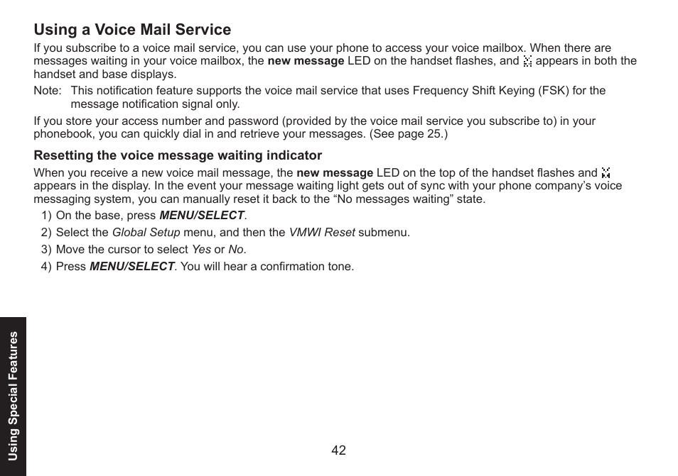 Using a voice mail service, Resetting the voice message waiting indicator, Using.a.voice.mail.service | Resetting.the.voice.message.waiting.indicator | Uniden DECT1588 User Manual | Page 42 / 72