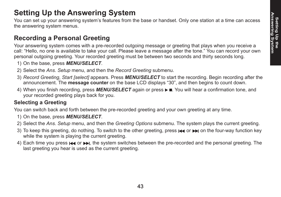 Setting up the answering system, Recording a personal greeting, Selecting a greeting | Recording.a.personal.greeting, Selecting.a.greeting | Uniden DECT1588 User Manual | Page 43 / 72