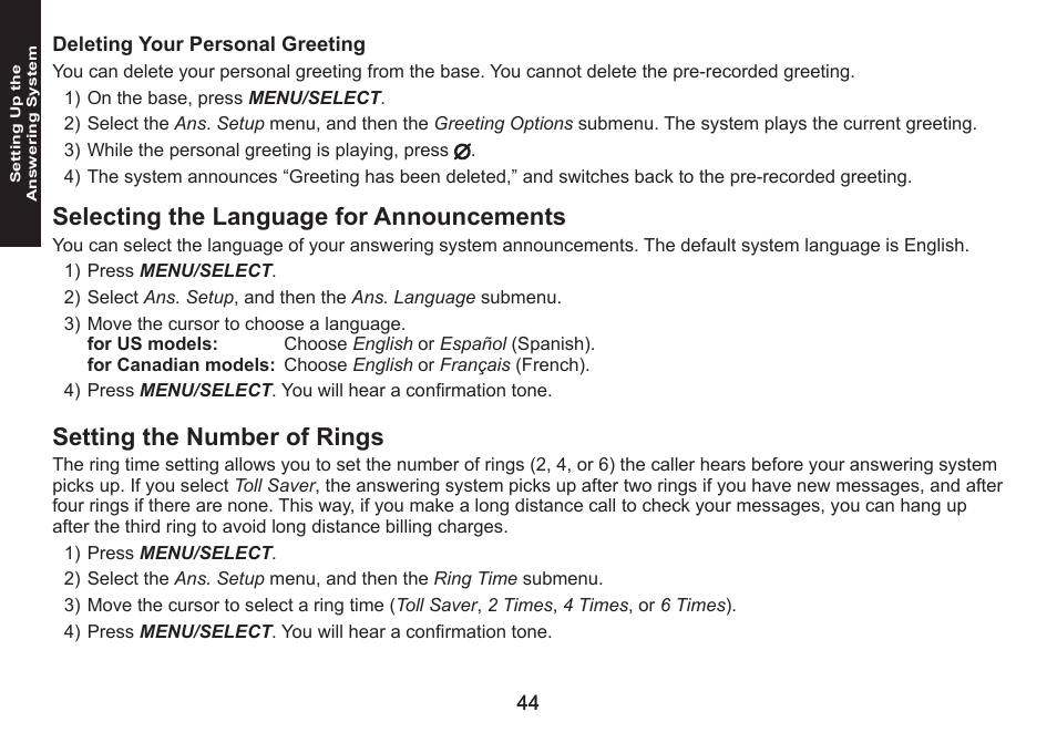 Deleting your personal greeting, Selecting the language for announcements, Setting the number of rings | Deleting.your.personal.greeting, Selecting.the.language.for.announcements, Setting.the.number.of.rings | Uniden DECT1588 User Manual | Page 44 / 72