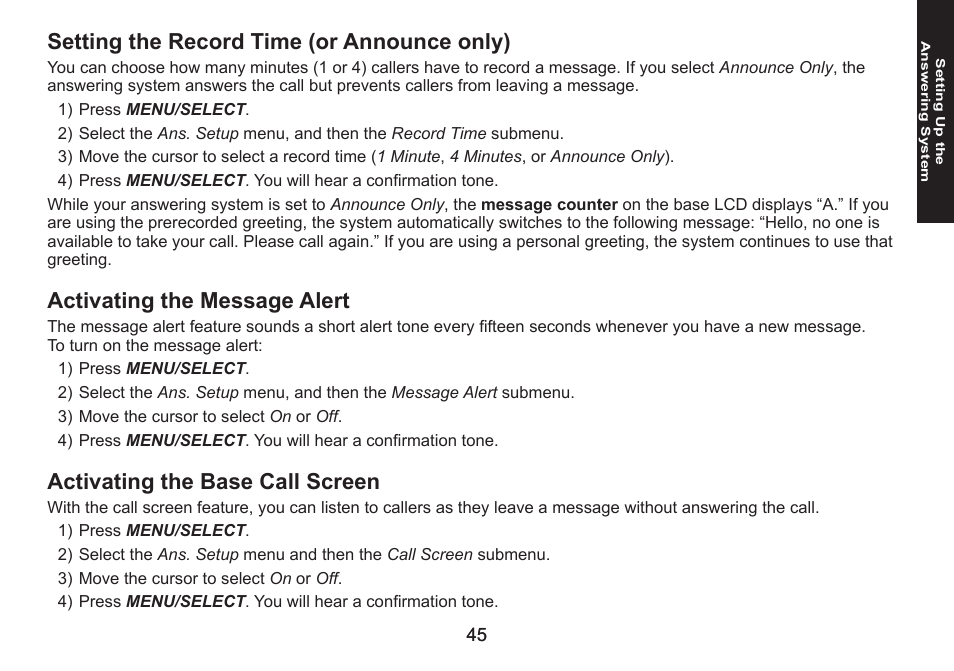 Setting the record time (or announce only), Activating the message alert, Activating the base call screen | Uniden DECT1588 User Manual | Page 45 / 72