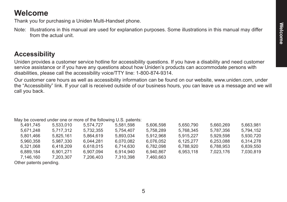 Welcome, Accessibility | Uniden DECT1588 User Manual | Page 5 / 72