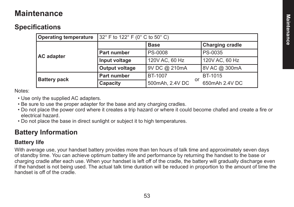 Maintenance, Specifications, Battery information | Battery life, Specifications battery.information, Battery.life | Uniden DECT1588 User Manual | Page 53 / 72