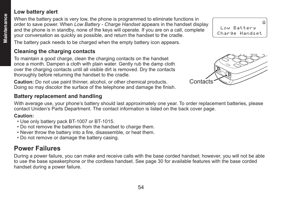Low battery alert, Cleaning the charging contacts, Battery replacement and handling | Power failures, Power.failures | Uniden DECT1588 User Manual | Page 54 / 72