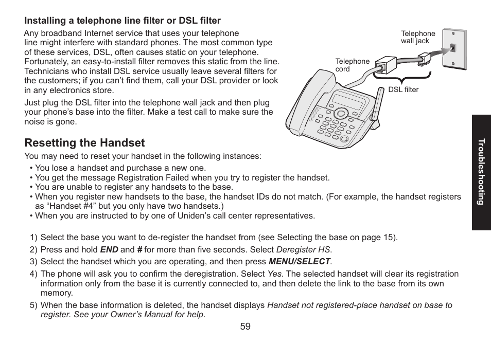 Installing a telephone line filter or dsl filter, Resetting the handset, Installing.a.telephone.line.filter.or.dsl.filter | Resetting.the.handset | Uniden DECT1588 User Manual | Page 59 / 72
