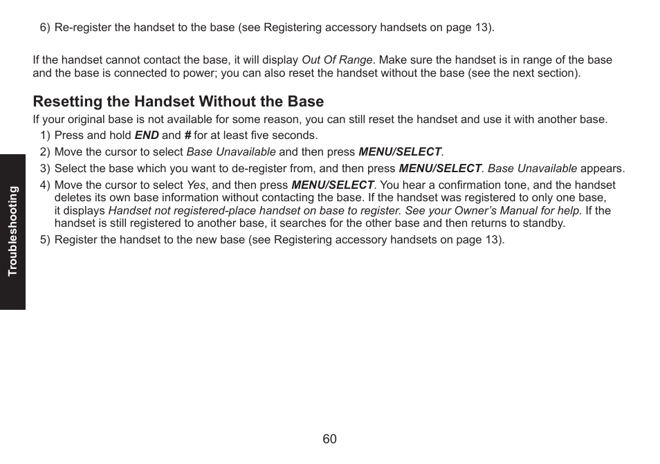 Resetting the handset without the base, Resetting.the.handset.without.the.base | Uniden DECT1588 User Manual | Page 60 / 72