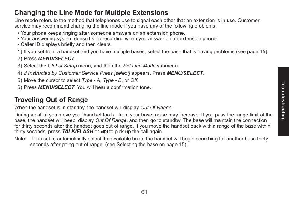 Changing the line mode for multiple extensions, Traveling out of range | Uniden DECT1588 User Manual | Page 61 / 72