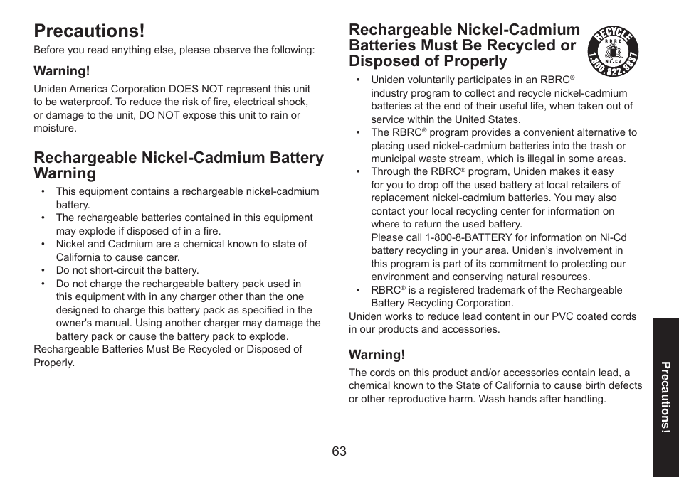 Precautions, Rechargeable nickel-cadmium battery warning, Recycled.or.disposed.of.properly | Uniden DECT1588 User Manual | Page 63 / 72