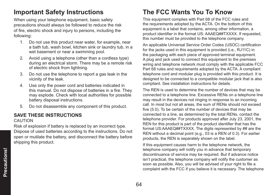 The fcc wants you to know, Important safety instructions | Uniden DECT1588 User Manual | Page 64 / 72