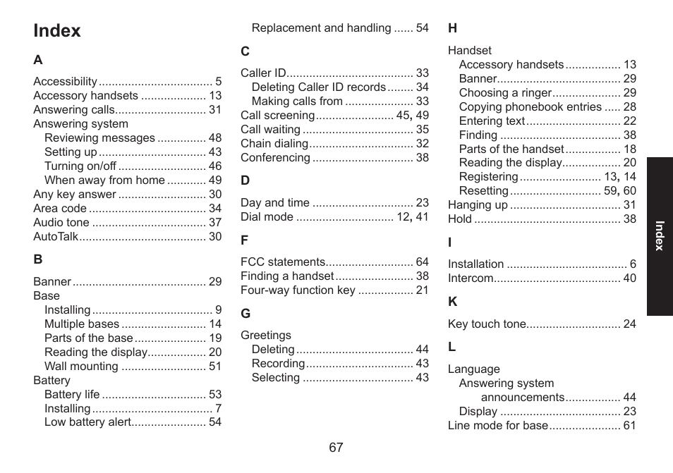 Index | Uniden DECT1588 User Manual | Page 67 / 72