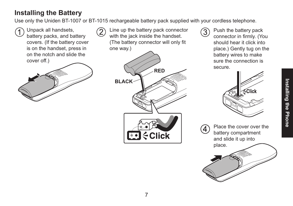 Installing the battery, Installing.the.battery | Uniden DECT1588 User Manual | Page 7 / 72