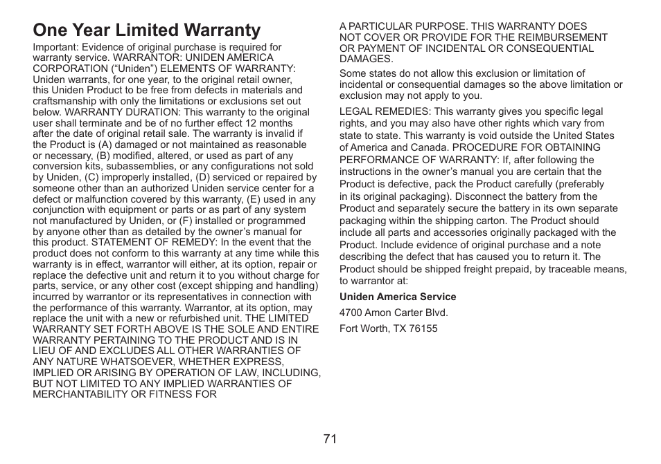 One year limited warranty | Uniden DECT1588 User Manual | Page 71 / 72
