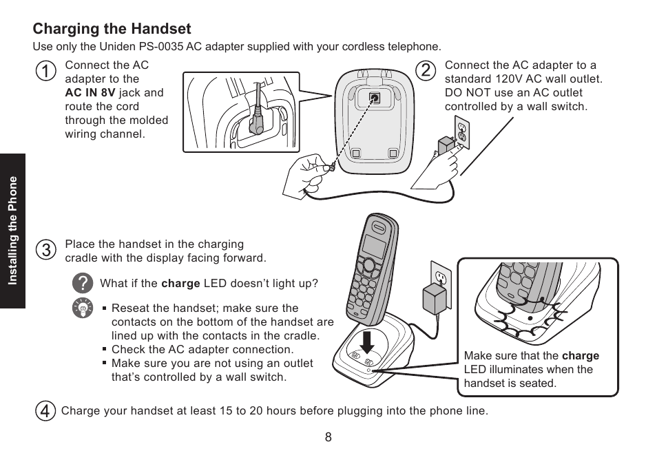 Charging the handset, Charging.the.handset | Uniden DECT1588 User Manual | Page 8 / 72