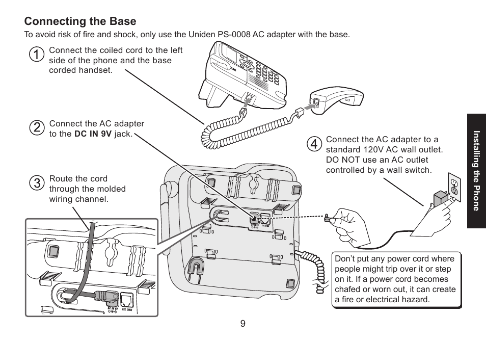 Connecting the base, Connecting.the.base | Uniden DECT1588 User Manual | Page 9 / 72