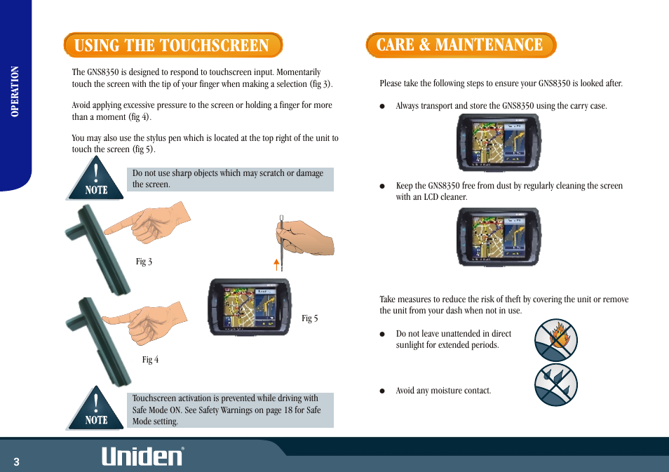 Using the touchscreen, Care & maintenance | Uniden GNS8350 User Manual | Page 10 / 46
