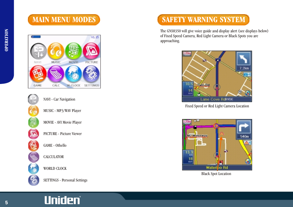 Main menu modes, Safety warning system | Uniden GNS8350 User Manual | Page 12 / 46