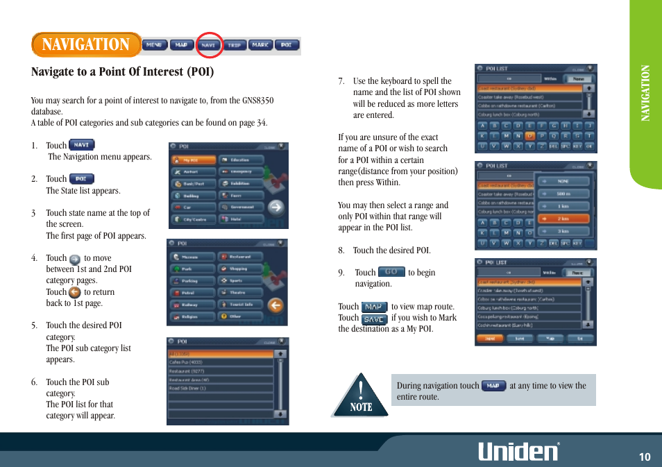 Navigation, Navigate to a point of interest (poi) | Uniden GNS8350 User Manual | Page 17 / 46