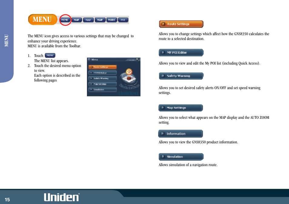 Menu | Uniden GNS8350 User Manual | Page 22 / 46