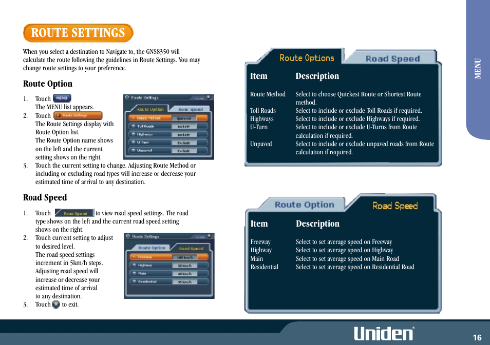 Route settings, Route option, Road speed | Item description | Uniden GNS8350 User Manual | Page 23 / 46