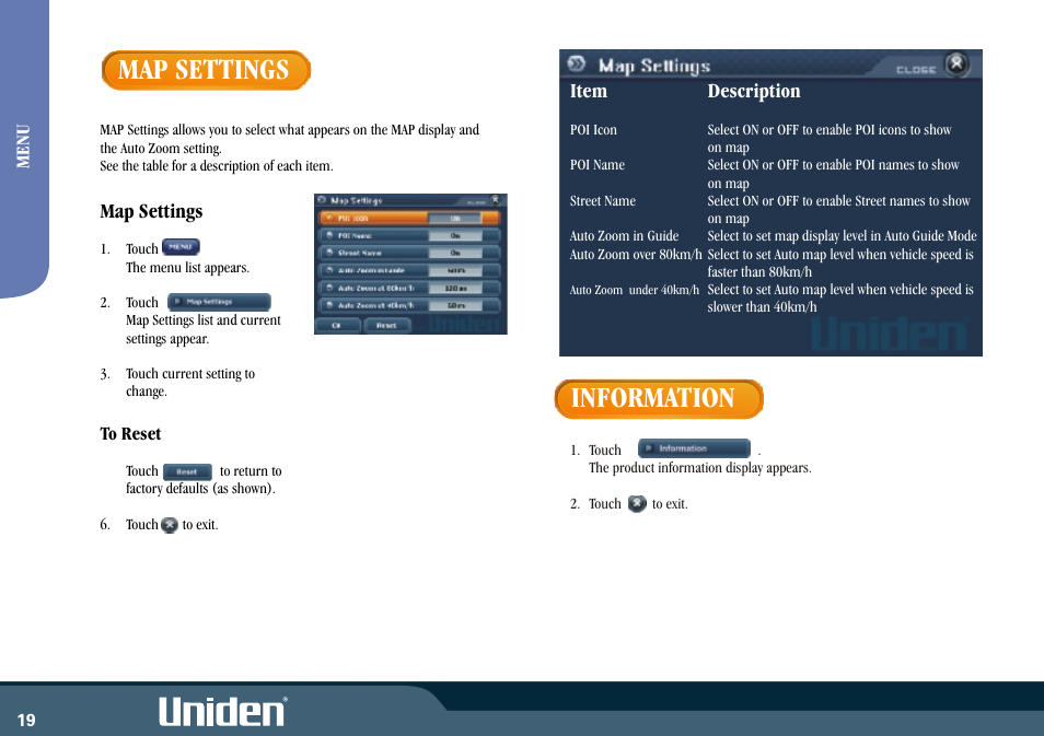 Map settings, Information, Item description | Uniden GNS8350 User Manual | Page 26 / 46