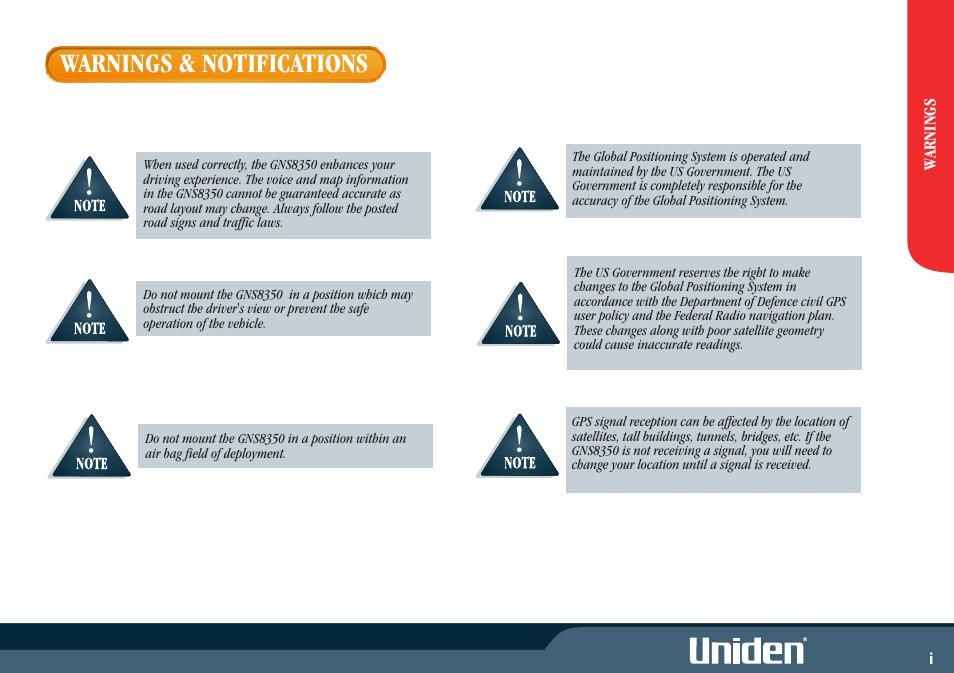 Warnings & notifications | Uniden GNS8350 User Manual | Page 3 / 46