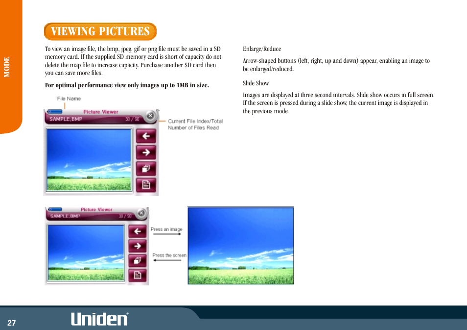 Viewing pictures | Uniden GNS8350 User Manual | Page 34 / 46