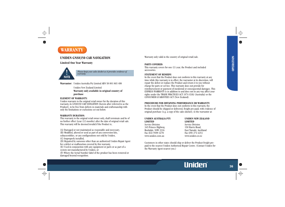 Warranty, Uniden gns8350 car navigation | Uniden GNS8350 User Manual | Page 43 / 46
