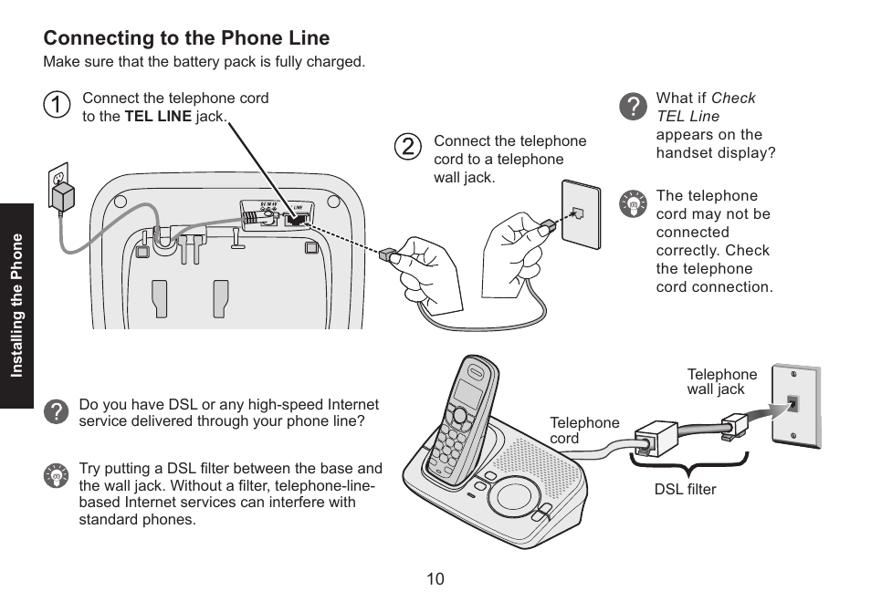 Connecting to the phone line, Connecting.to.the.phone.line | Uniden DECT1580 Series User Manual | Page 10 / 76
