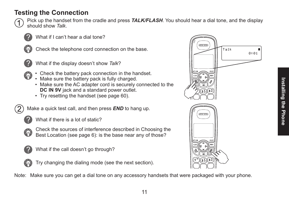 Testing the connection, Testing.the.connection | Uniden DECT1580 Series User Manual | Page 11 / 76