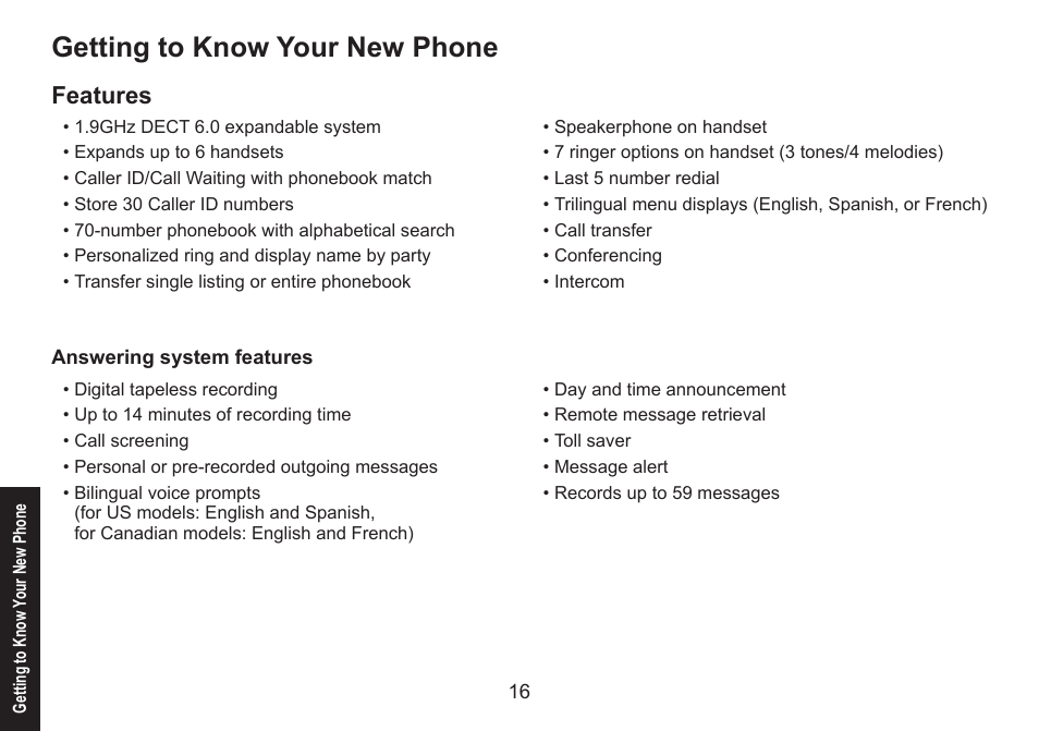 Getting to know your new phone, Features, Answering system features | Answering.system.features | Uniden DECT1580 Series User Manual | Page 16 / 76