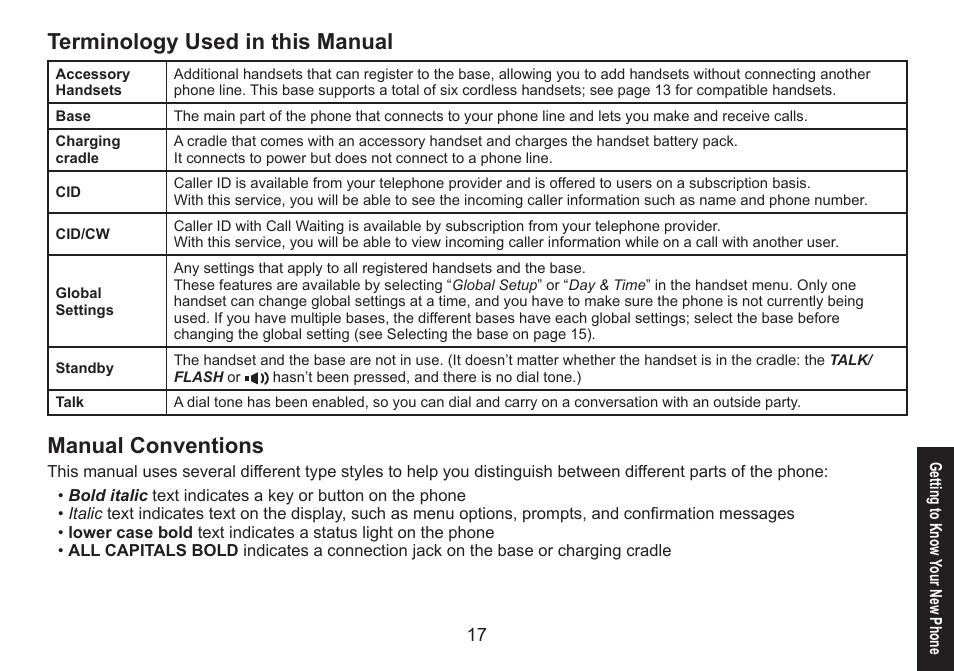Terminology used in this manual, Manual conventions, Terminology.used.in.this.manual | Manual.conventions | Uniden DECT1580 Series User Manual | Page 17 / 76