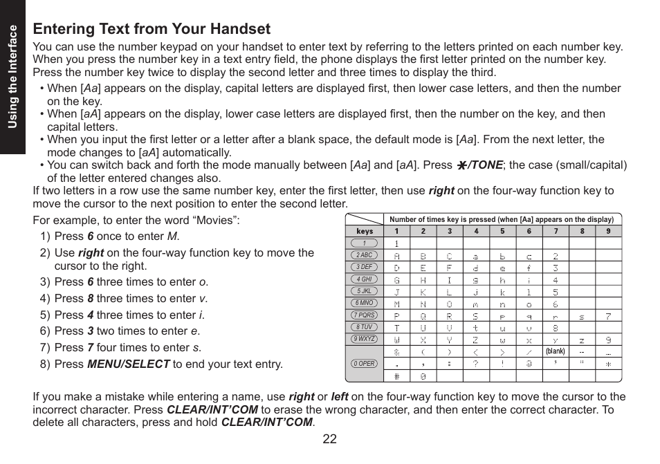 Entering text from your handset, Entering.text.from.your.handset | Uniden DECT1580 Series User Manual | Page 22 / 76