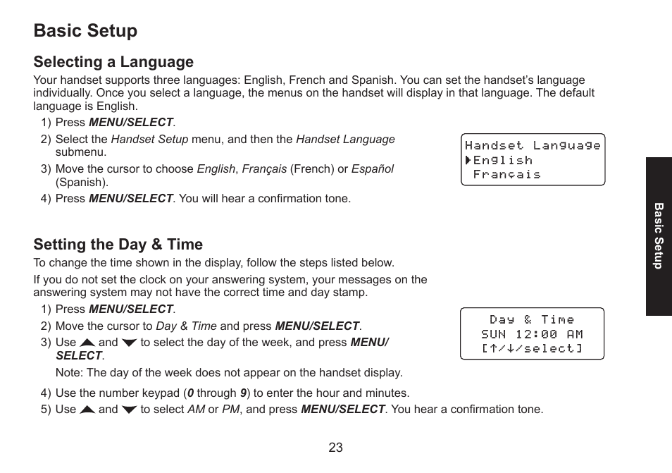 Basic setup, Selecting a language, Setting the day & time | Uniden DECT1580 Series User Manual | Page 23 / 76