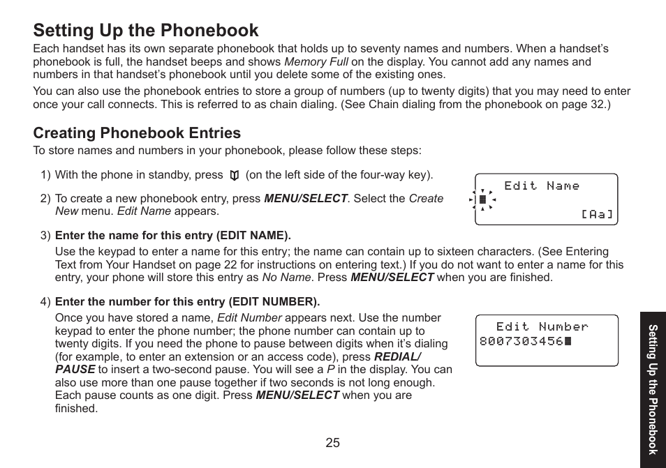 Setting up the phonebook, Creating phonebook entries | Uniden DECT1580 Series User Manual | Page 25 / 76