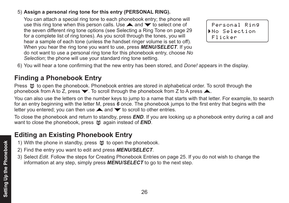 Finding a phonebook entry, Editing an existing phonebook entry | Uniden DECT1580 Series User Manual | Page 26 / 76