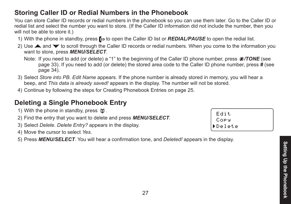 Deleting a single phonebook entry, Storing.caller.id.or.redial.numbers | Uniden DECT1580 Series User Manual | Page 27 / 76