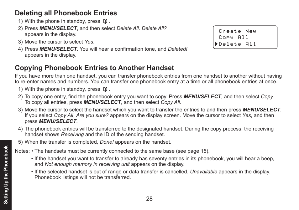 Deleting all phonebook entries, Copying phonebook entries to another handset | Uniden DECT1580 Series User Manual | Page 28 / 76